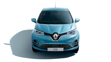 Kék Renault ZOE elektromos autó szemből