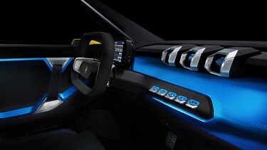 Simuliertes blaues Fahrzeugcockpit